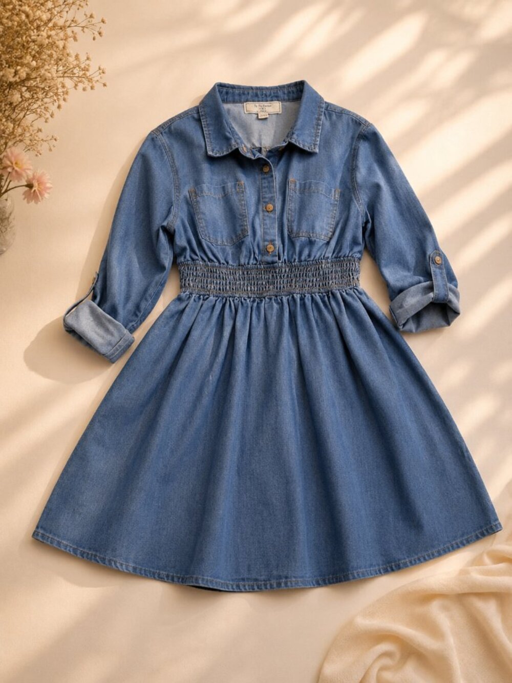 Girls Denim Dress Elastic Waist Long Sleeve Roll Up Size M 10/12